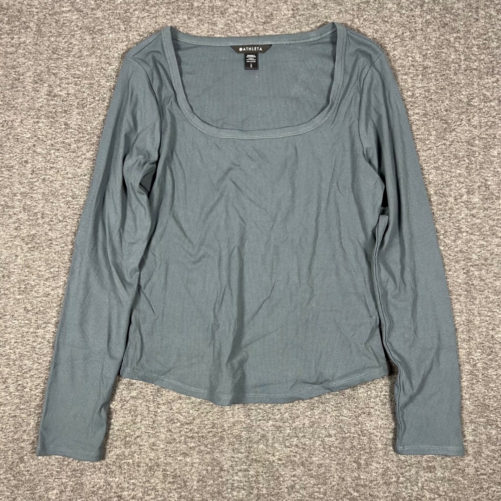 Athleta Ribbed Square Neck Top Women Large Blue Long Sleeve Curved Hem Athletic